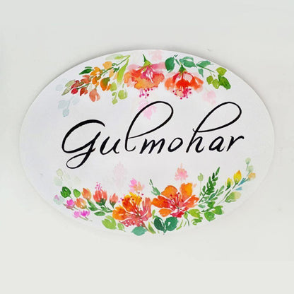 Gulmohar - Hand-painted Floral Nameplate - Oval