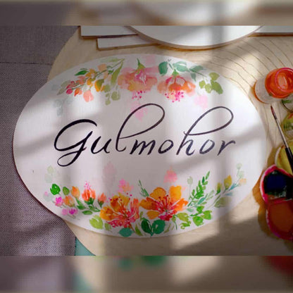 Gulmohar - Hand-painted Floral Nameplate - Oval