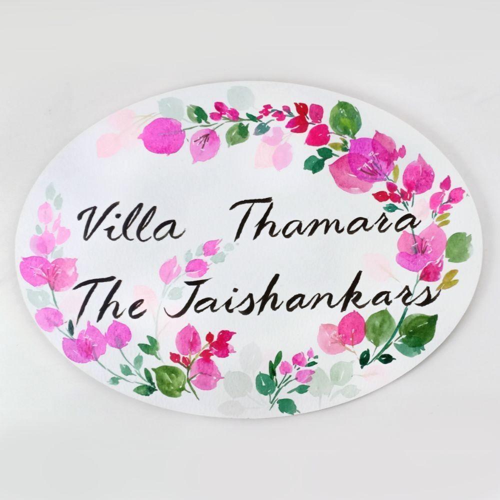 Bougainvillea - Hand-painted Floral Nameplate - Oval