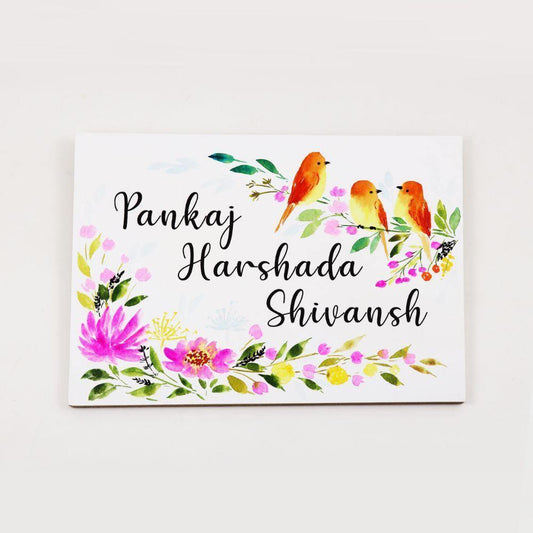 Perching Birds - Hand-painted Floral Nameplate - Rectangle