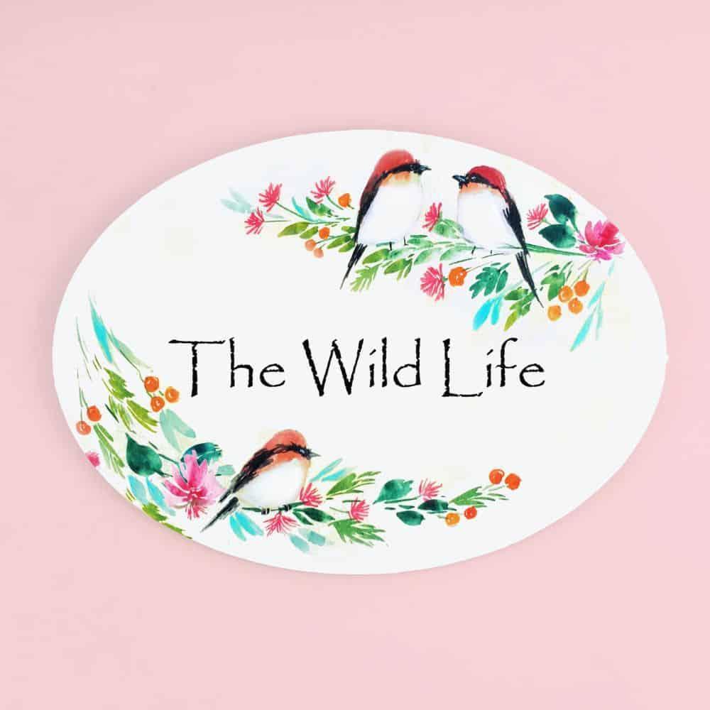 Three Perching Birds - Hand-painted Floral Nameplate - Oval