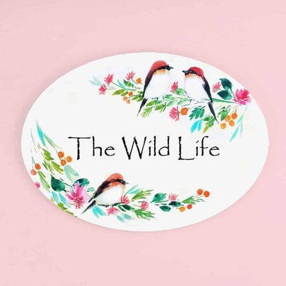 Three Perching Birds - Hand-painted Floral Nameplate - Oval