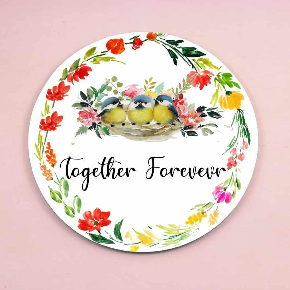 Bird Family - Hand-painted Floral Nameplate - Round