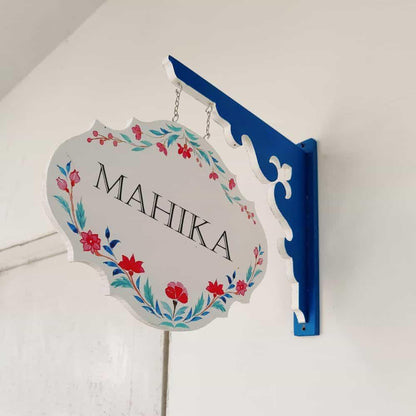 Hand-painted Hanging Name Plate - Navy Victorian Red Flowers