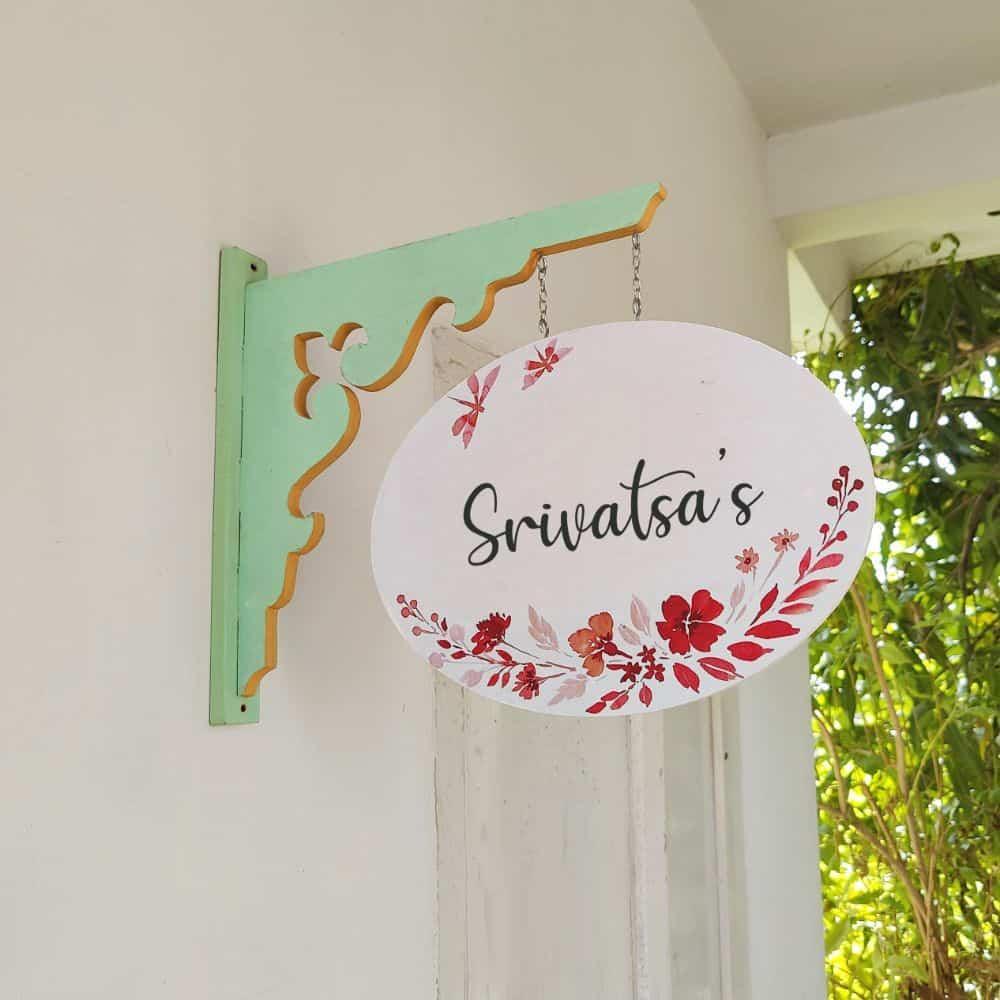 Hand-painted Hanging Name Plate - Mint Green Oval White Red Flowers