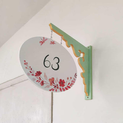 Hand-painted Hanging Name Plate - Mint Green Oval White Red Flowers