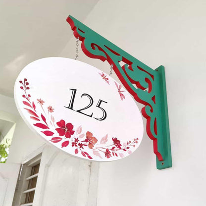 Hand-painted Hanging Name Plate - Green Oval White Red Flowers