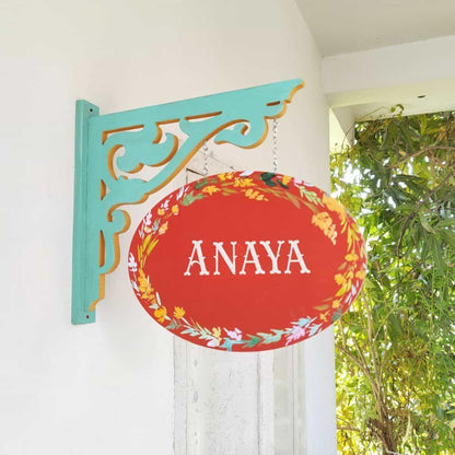 Hand-painted Hanging Name Plate - Teal Oval Orange Leaves