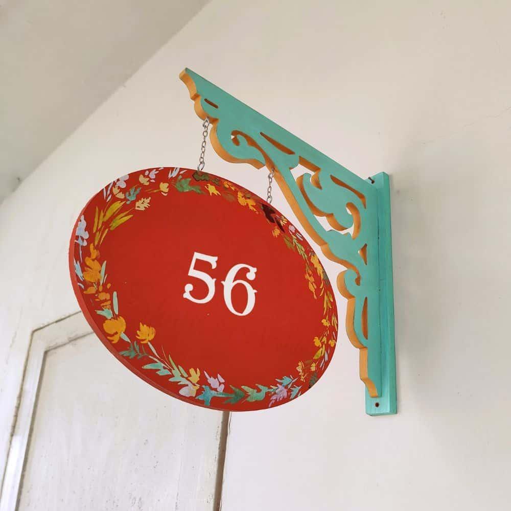 Hand-painted Hanging Name Plate - Teal Oval Orange Leaves