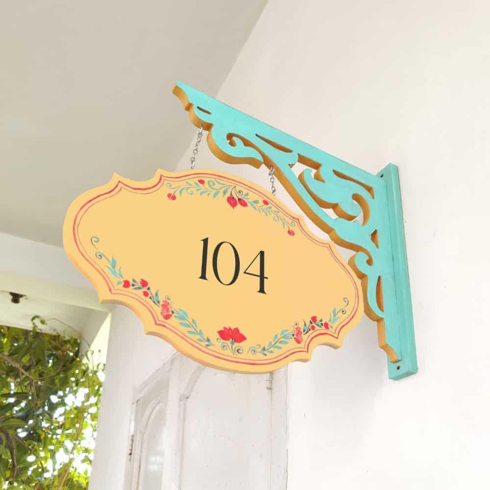 Hand-painted Hanging Name Plate - Teal Victorian Yellow Red Border