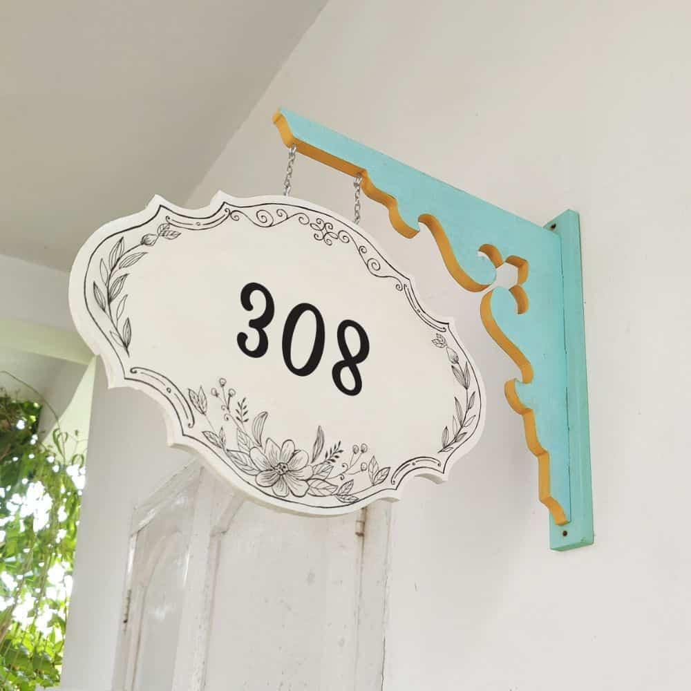 Hand-painted Hanging Name Plate - Teal Victorian Ivory Black Border