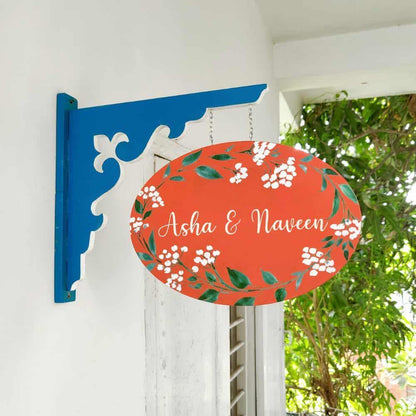 Hand-painted Hanging Name Plate - Navy Oval Red White Flowers