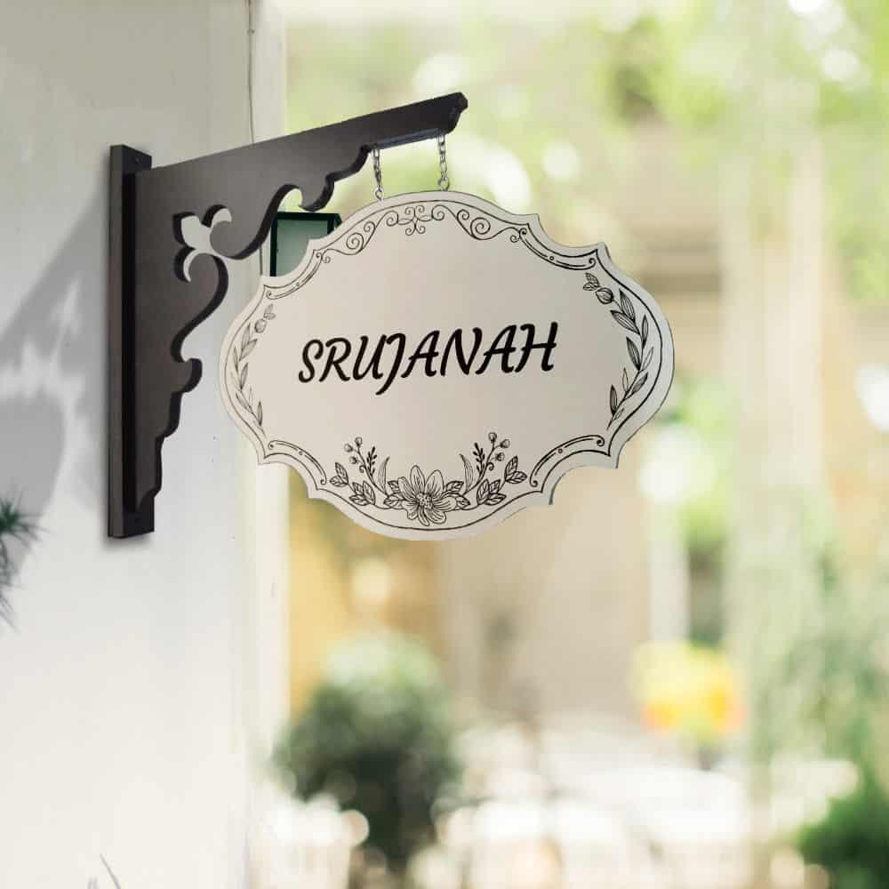 Hand-painted Hanging Name Plate - Ivory Victorian with Graphite Black Bracket