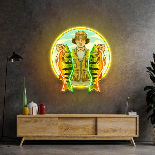 Fisherman Holding Peacock Bass LED Neon Sign Light Pop Art