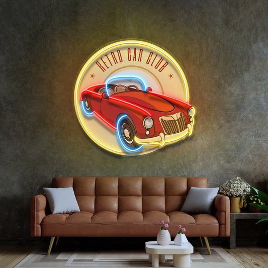 Vector Retro Car Label LED Neon Sign Light Pop Art