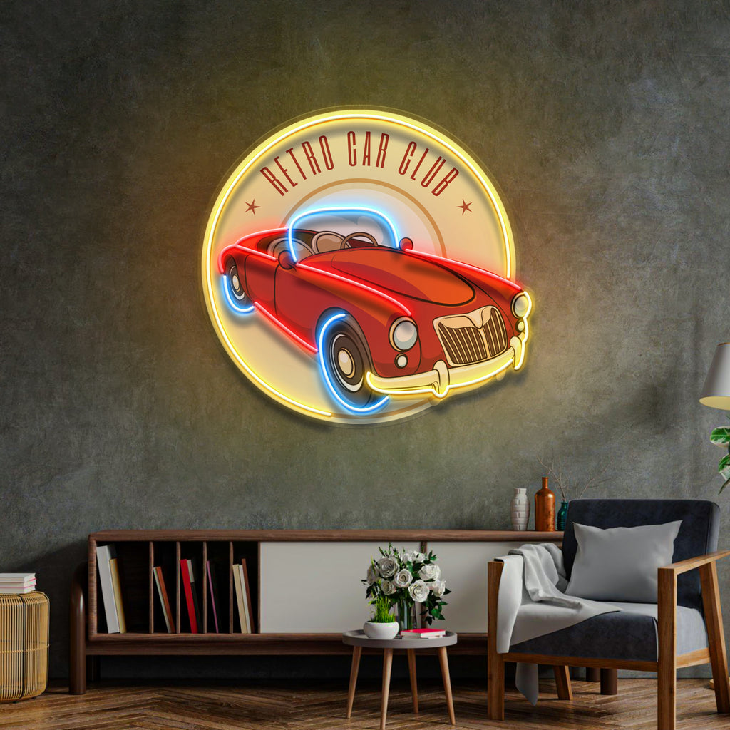 Vector Retro Car Label LED Neon Sign Light Pop Art